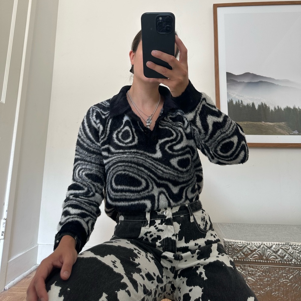 Twik Black and White Abstract Collared Sweater